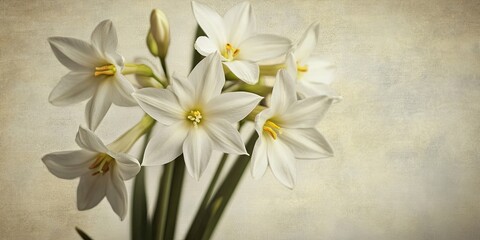 Fototapeta premium Elegant white flowers blooming with delicate petals and yellow centers arranged against a soft vintage backdrop with warm neutral tones.