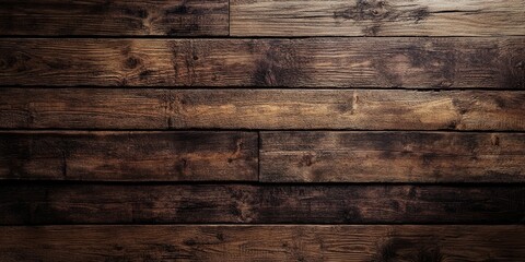Naklejka premium Weathered dark brown wooden texture backdrop with rustic grunge finish featuring horizontal planks in varying shades of brown and black tones.