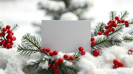 Winter Holiday Invitation Mockup - Snowy Pine Branches & Berries