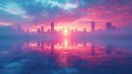 Fototapeta premium Surreal cityscape fantasy with dreamlike lighting effects and whimsical composition showcasing ethereal ambiance and pastel colors.