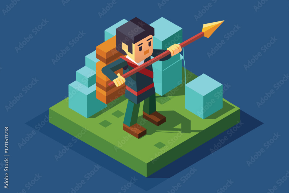 Poster character stands ready with a spear in a colorful isometric terrain, showcasing adventure and explor