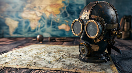 Antique diving helmet and old nautical maps on display, evoking exploration and adventure