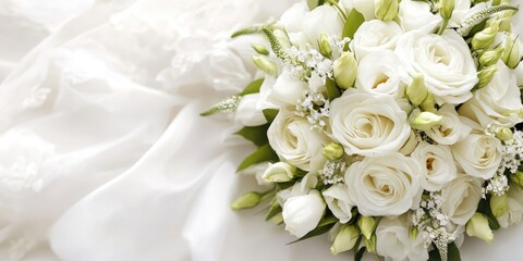 Obraz premium Elegant white wedding bouquet with lush roses and delicate greenery arranged on soft fabric background, ideal for customization and designs.