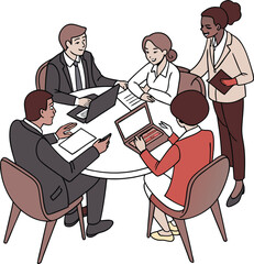 Partners meeting for business discussion with documents and laptop on desk. Couple at round table, speaking, discussing work, partnership. Flat vector on a white background