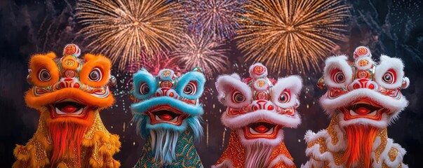 Fototapeta premium Chinese new year celebration concept. Traditional lion dance performers celebrate with fireworks in vibrant colors.