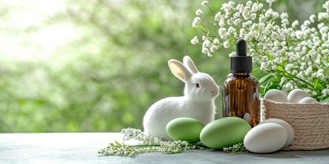 Easter themed cosmetics display featuring a brown bottle, green and white eggs, a white bunny, and flowers in a serene green background with copy space