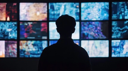 Silhouetted person viewing a wall of vibrant data screens displaying complex information.