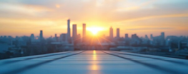 Fototapeta premium Cancer awareness concept. A stunning cityscape at sunset, showcasing modern skyscrapers and vibrant colors.