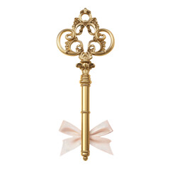 Vintage Decorative Key with Bow Isolated on Transparent Background