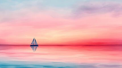 Summer watercolor idea. A serene sunset reflecting on calm waters with a lone sailboat in the foreground.