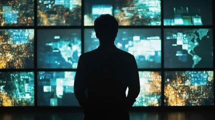 Silhouetted person observing a large video wall displaying global data visualizations.
