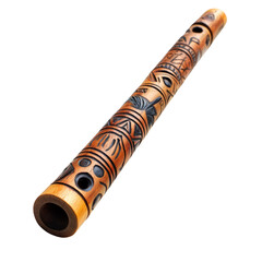 Wooden Flute with Tribal Carvings on Transparent Background