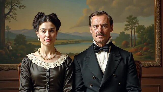 Formal couple portrait from the 1840s; woman in dark satin dress, man in double-breasted coat, both before painted landscape.