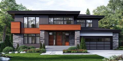 Fototapeta premium Modern Two Story House With Wood And Stone Accents