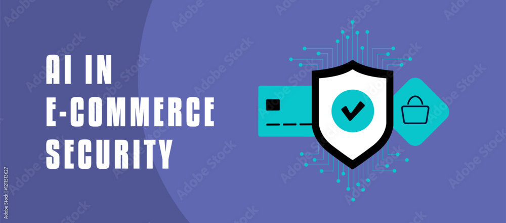Poster ai-driven e-commerce security banner with shield icon, secure transactions, advanced encryption, fra
