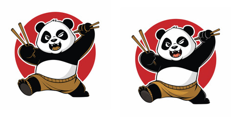 Naklejka premium two cartoon pandas. The pandas are wearing brown shorts and are holding chopsticks. They have big smiles and are looking to the right. The image is set against a red background.