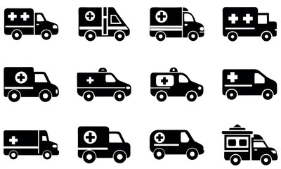 Ambulance Icon Set - Black Silhouette Emergency Vehicle Graphics