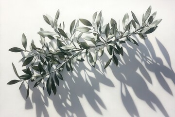 Olive branch, leaves, shadow, white background.