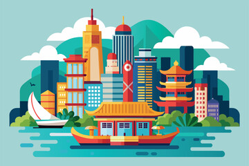 Fototapeta premium This illustration showcases Hong Kong's skyline and cultural landmarks, blending tradition with modernity, Hong kong Customizable Flat Illustration