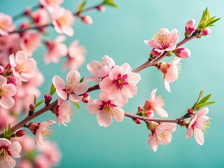 Elegant minimalist photography: peach blossoms against a light blue backdrop, boasting sharp detail and spring's charm.