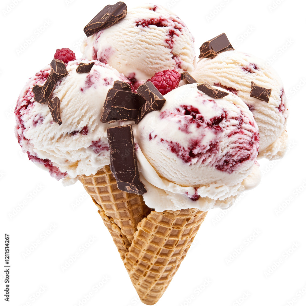 Aufkleber A waffle cone overflowing with three scoops of raspberry ice cream and chocolate pieces.