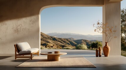 Modern Minimalist Living Room with Scenic Mountain View and Earthy Aesthetic