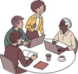 Partners meeting for business discussion with documents and laptop on desk. Couple at round table, speaking, discussing work, partnership. Flat vector on a white background