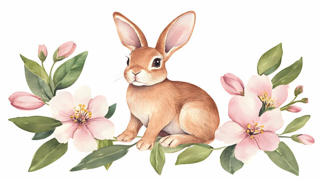 recommend clip art: Adorable rabbit sitting amidst spring blossoms; perfect for Easter cards or spring decorations