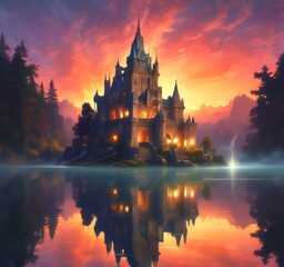Obraz premium Illustration of glowing mystery tower castle in night.
