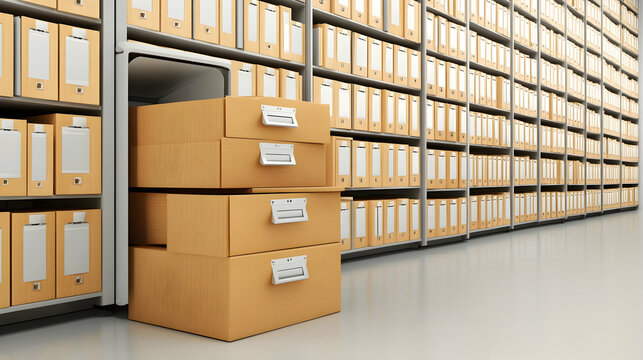 Archive storage room with boxes and files.  Efficient data management, secure records