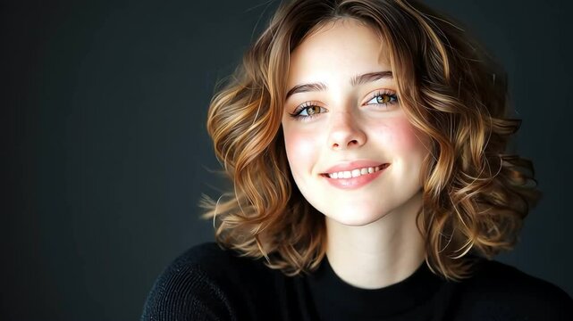 A smiling young woman with curly hair against a dark background, exuding warmth and joy.