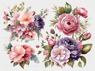 Watercolor floral bouquet Flower Bundle And colorful Romantic wedding invitation card flowers frame illustration Design