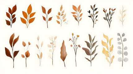 Autumnal leaf collection; various branches, twigs & foliage; white background; design elements