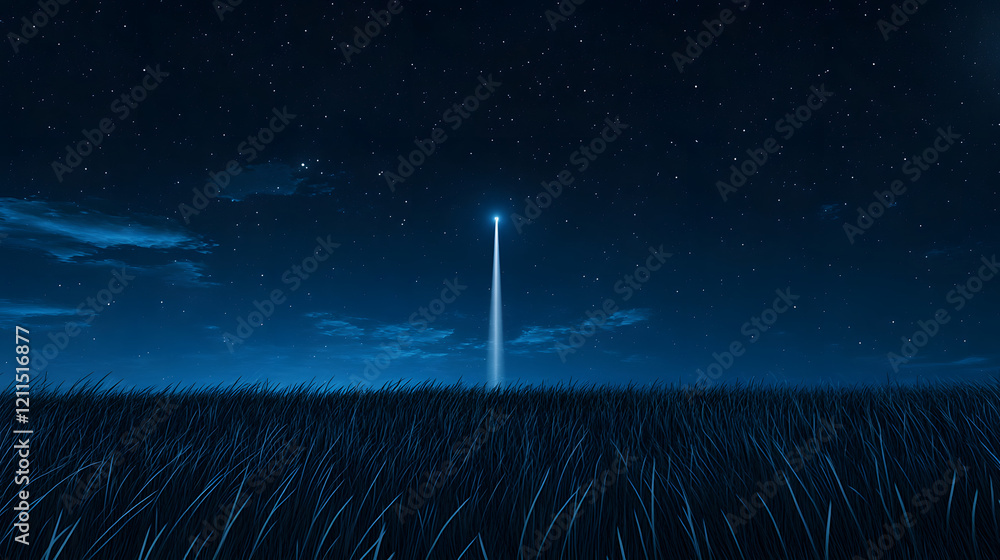 Poster a serene nighttime landscape featuring a glowing vertical structure rising into a starry sky, surrou