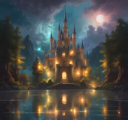 Illustration of glowing mystery tower castle in night.