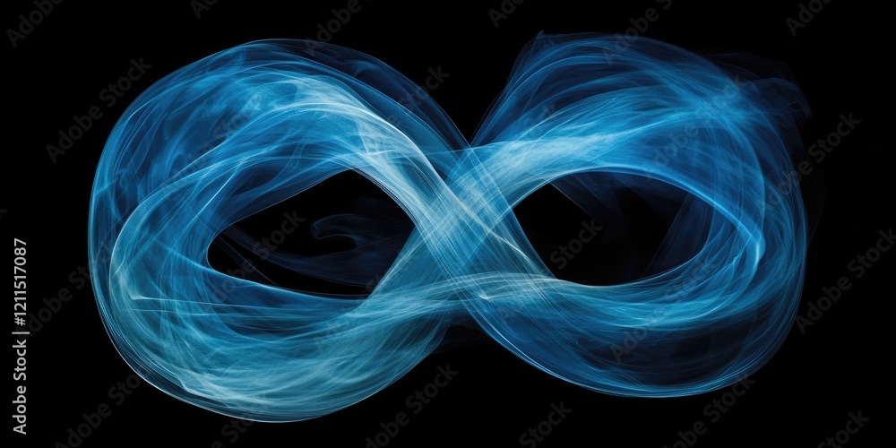 Poster abstract blue and ecru smoke swirls create an infinity loop on a black background with dynamic flowi