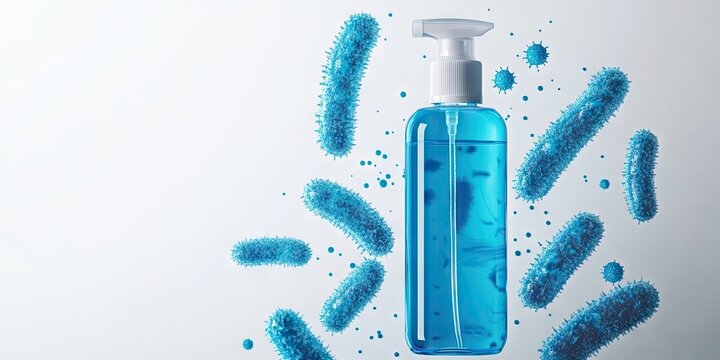 Blue antibacterial soap in a clear pump bottle against a white background with scattered blue bacteria illustrations on the left and right sides.