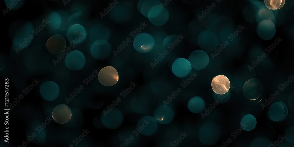 Poster dark abstract background featuring blurred bokeh with teal and gold circular lights positioned throu