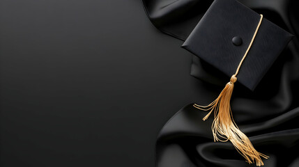 Black graduation cap and tassel on dark silk, elegant celebratory background. Perfect for graduation announcements or education-related designs