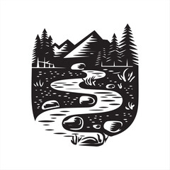 hand drawing River Stream Through Mountains and Forest isolated Vector Art Design on White Background