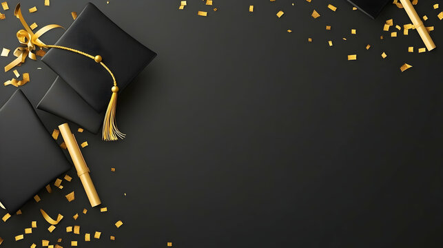 Black graduation caps, gold confetti, celebration.  Perfect for graduation announcements or social media