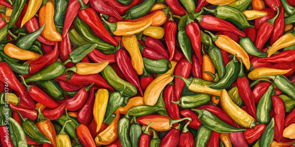 Poster vibrant top view of assorted chillies in red yellow and green hues arranged densely across a dark ba
