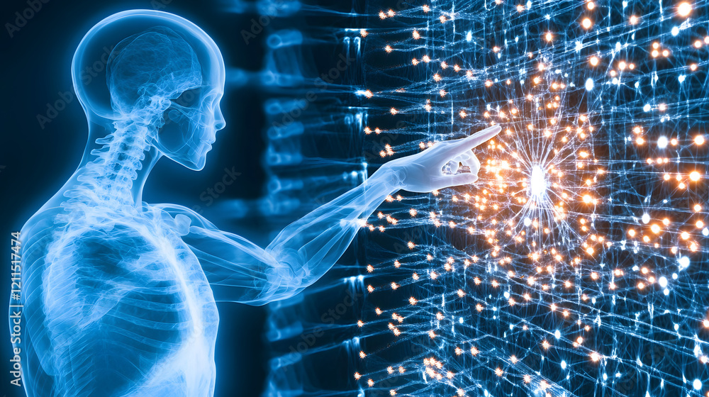 Poster a digital representation of a human figure interacting with a network of glowing particles, symboliz