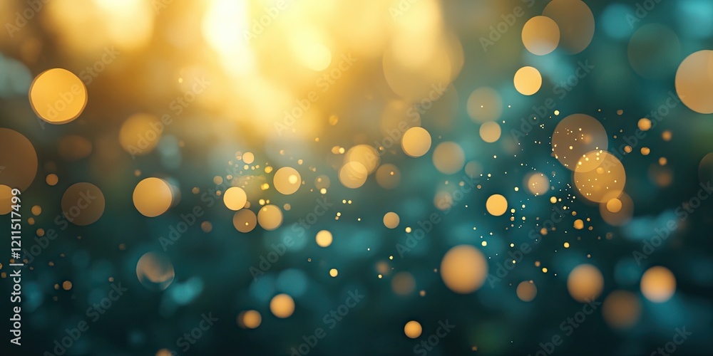 Poster golden bokeh effects with soft circular shapes on a teal background, creating a dreamy atmosphere wi