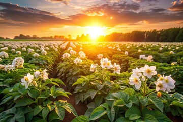 Fototapeta premium Golden sunrise paints a blooming potato field, rural serenity.