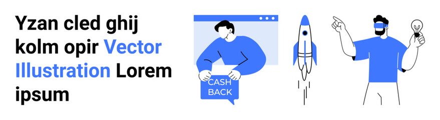 Man holding cashback sign, rocket launching, person with lightbulb. Ideal for e-commerce, technology, startups, innovation, marketing, online ads, educational content. Landing page