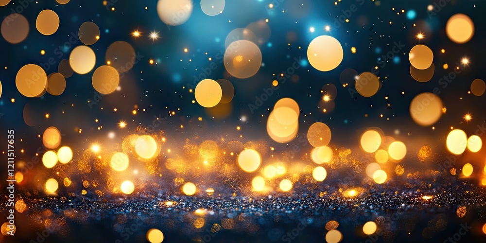 Poster shimmering festive background with golden and blue bokeh lights and a sparkling surface, creating an