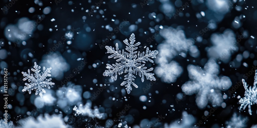 Poster snowflakes falling softly in a blurred effect against a dark black background with various sizes and