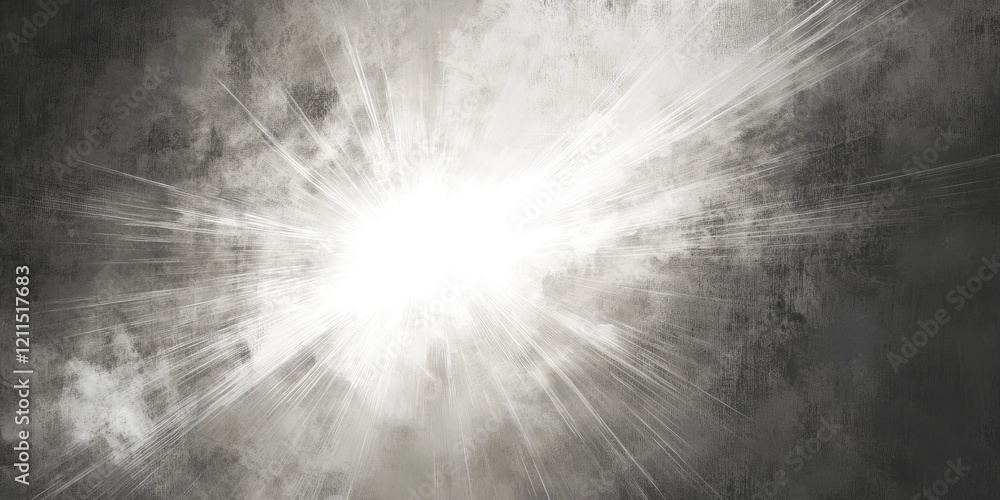 Poster luminous bright white light radiating through a textured grainy gray background with soft abstract s