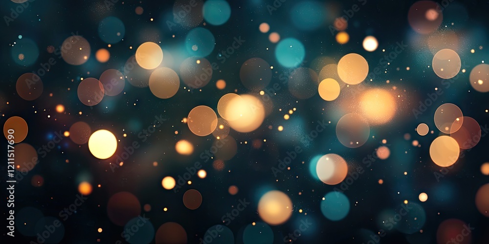 Poster abstract dark background showcasing a blend of teal and gold bokeh lights in a blurred illumination,